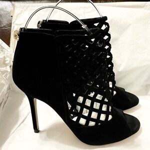 Jimmy Choo fishnet gladiator ankle peeptoe bootie Supple suede lthr blk EU37.5